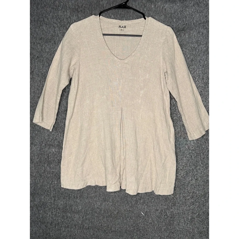 FLAX Womens 100% Linen V-Neck 3/4 Sleeve Tunic Top Oatmeal Beige Size P